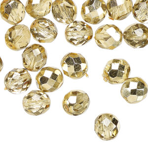 Bead 1pkg50, Czech fire-polished glass, clear with half-coat metallic pale gold, 8mm faceted round.