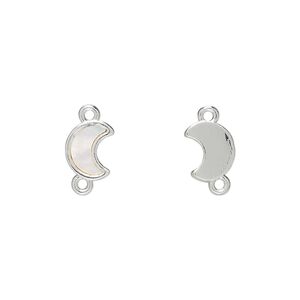 Link, silver-finished brass / mother-of-pearl shell (bleached) 1pkg2, white, 9x7mm moon.