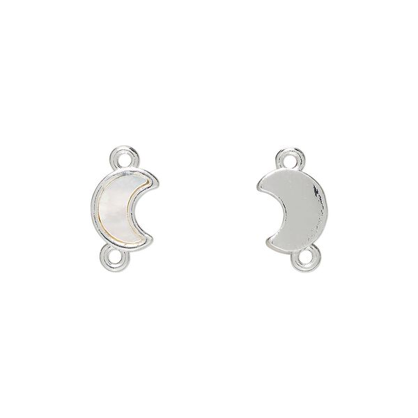 Link, silver-finished brass / mother-of-pearl shell (bleached) 1pkg2, white, 9x7mm moon. image number 0