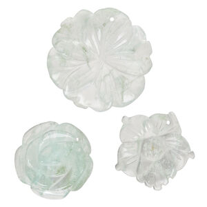 Drop mix 1pkg3, glass, transparent blue / green / clear, 24x23mm-40x39mm top-drilled carved flower.