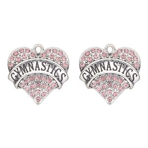 Charm, antique silver-finished "pewter" (zinc-based alloy) and glass, pink, 25x23mm single-sided heart with "gymnastics". Sold per pkg of 2.
