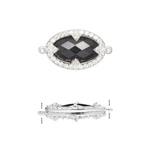 Link, black onyx (dyed) / cubic zirconia / sterling silver, clear, 18x12mm double-sided faceted oval. Sold individually.