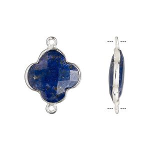 Link, lapis lazuli (natural) and sterling silver, 16-17mm hand-cut double-sided faceted clover. Sold individually.