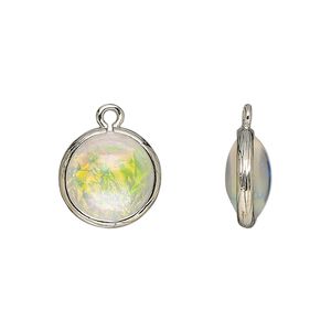 Drop, Opalized Ice&trade;, "opal" (resin) and imitation rhodium-finished brass, opaque white, 14mm double-sided round. Sold per pkg of 4.