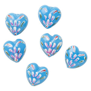 Bead, lampworked glass 1pkg6, turquoise blue, 18x11mm hand-painted heart.