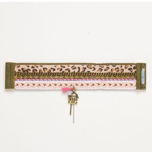 Bracelet 1pkg1 faux leather / glass / antique gold-finished brass and stainless steel, multicolored, 38mm width with Buddha head and "leopard print," 6 inches with magnetic clasp.
