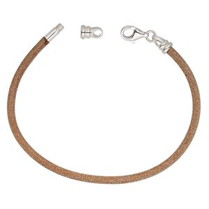 Bracelet cord, Dione&reg;, leather (natural) and sterling silver, 3mm round with twist-off end, 7 inches with lobster claw clasp. Sold individually.