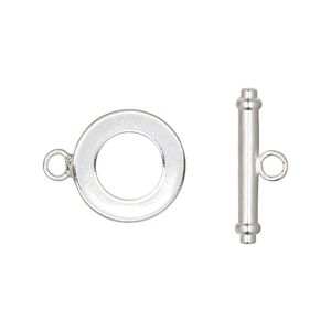Clasp toggle 1pkg10, 15mm round, silver-finished brass 1-strand
