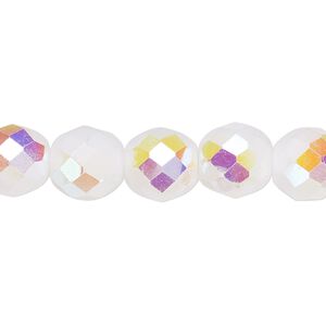 Bead, Czech fire-polished glass, opaque white AB, 10mm faceted round. Sold per 15-1/2" to 16" strand, approximately 40 beads.