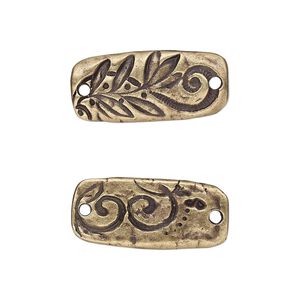 Link, TierraCast&reg;, "Vida Mas Dulce" collection, antique brass-plated pewter (tin-based alloy), 23.5x11mm two-sided rectangle with flora design. Sold per pkg of 2.