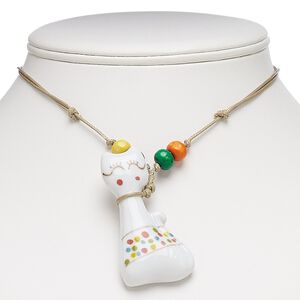 Necklace, painted wood / porcelain / waxed cotton cord, multicolored, 60x30mm cat, adjustable from 16-30 inches with macram&eacute; knot closure. Sold individually.