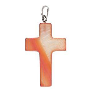 Pendant, antique silver-finished "pewter" (zinc-based alloy) / steel / mother-of-pearl shell (dyed) 1pkg1, salmon, 30x20mm single-sided cross.