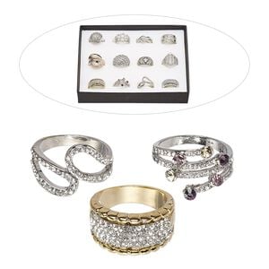 Ring mix, glass rhinestone and mix-finished "pewter" (zinc-based alloy), mixed colors, size 8. Sold per pkg of 12.