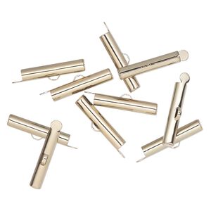 End bar 1pkg10 gold-finished, 26x5mm round tube / fold-in ends / 4mm inside diameter, brass / antiqued