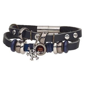Bracelet, 2-strand, leather / wood (dyed) / waxed cotton cord / glass / steel / silver- / antique silver-plated acrylic, black / blue / red, 20mm wide, 6-1/2 inches with magnetic clasp. Sold individually.