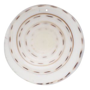 Focal, lettered cone shell (natural), white, 40mm top-drilled round, Mohs hardness 3-1/2. Sold individually.