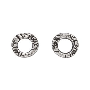 Component, TierraCast&reg;, "Vida Mas Dulce" collection, antiqued pewter (tin-based alloy), 13x12mm uneven open round with flora design and 7mm hole. Sold per pkg of 4.