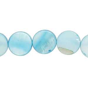 Mother-of-pearl shell 1pkg1, puffed flat round bead 15 inch teal blue 11-12mm