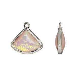Drop, Opalized Ice&trade;, "opal" (resin) and imitation rhodium-finished brass, opaque light pink, 19x15mm double-sided fan. Sold per pkg of 4.