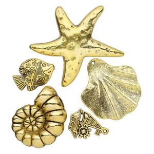 Bead & charm mix 1pkg5 gold-finished "pewter", 24x22mm-59x55mm sea life / single-sided / 2sided, antique