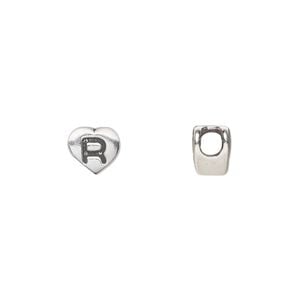 Bead 1pkg1 sterling silver, 7.5x7mm heart / letter R, antiqued Dione&reg;