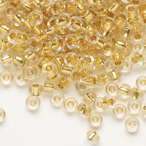 Seed bead, Miyuki, glass, pkg/4g, #6 rocaille, translucent 24Kt gold-lined crystal gold, (RR-195).