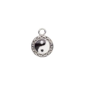 Charm, antique sterling silver / cubic zirconia / enamel, black / clear / white, 10mm single-sided domed round with yin-yang design and chain link edge. Sold individually.