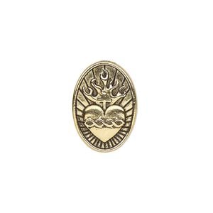 Button, TierraCast&reg;, antique gold-plated pewter, 19x13mm oval with sacred heart and closed loop. Sold individually.