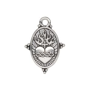 Drop, TierraCast&reg;, antique silver-plated pewter, 25x21mm 2-sided beaded oval with sacred heart. Sold individually.