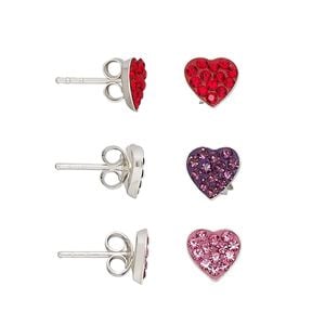 Earstud mix, Create Compliments&reg;, sterling silver / crystal rhinestone / epoxy, red / pink / purple, 7mm heart with post. Sold per pkg of 3 pairs.