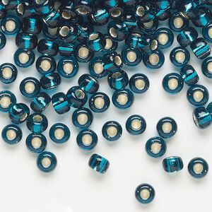 Seed bead, Miyuki, glass, pkg/25g, #6 rocaille, transparent silver-lined dark teal (RR-30).