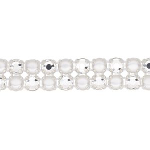 Banding  1pk silver plate opaque and transparent white and crystal, Preciosa Rose Viva 12&reg; Czech 10mm wide 4.5mm round 7.75 inch