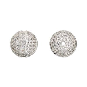 Bead 1pkg1 silver-finished, 14mm round, brass / clear rhinestone