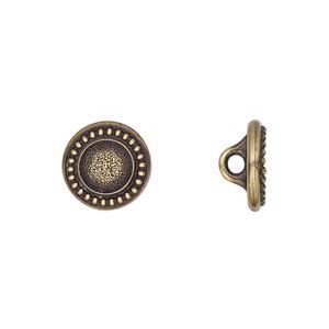 Button, TierraCast&reg;, antique brass-plated pewter (tin-based alloy), 12mm beaded flat round with loop and SS34 round glue-in setting. Sold per pkg of 2.