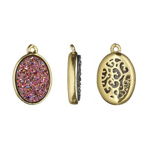 Drop, Druzylite&trade;, "druzy" (resin) and gold-finished brass, metallic purple, 15.5x11.5mm two-sided oval with open filigree back. Sold per pkg of 4.