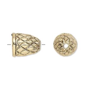 Cone, antique gold-plated pewter (tin-based alloy), 14x12mm with thatched design, 9mm inside diameter. Sold individually.