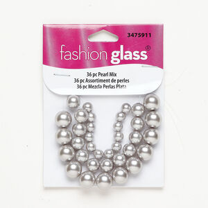 Bead assortment 1pkg36, glass pearl, grey, 5-6mm round / 8mm round / 10mm round.