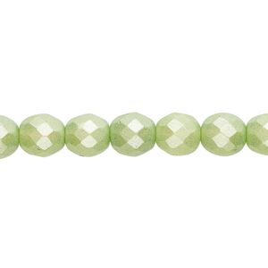 Bead, Czech fire-polished dipped d&eacute;cor glass, pearlescent lime green, 8mm faceted round. Sold per 15-1/2" to 16" strand.