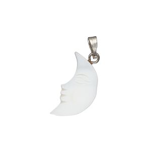 Pendant, mother-of-pearl shell (bleached) / antique silver-finished "pewter" (zinc-based alloy) / steel 1pkg1, 19x9mm-21x11mm single-sided carved moon.