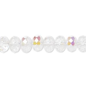Bead, Czech fire-polished glass, transparent clear AB, 9x5mm faceted rondelle. Sold per 15-1/2" to 16" strand.