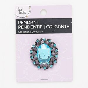 Focal, Bead Landing&trade;, plastic / glass rhinestone / gunmetal-finished "pewter" (zinc-based alloy), blue, 39x35mm fancy oval with hidden bail. Sold individually.