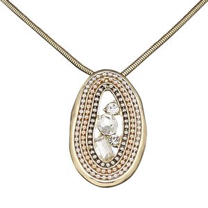 Necklace, glass rhinestone / gold-coated plastic / gold-finished steel / "pewter" (zinc-based alloy) / copper- / gunmetal- / silver-finished brass, clear, 50x34mm oval, 16 inches with 2-inch extender chain and lobster claw clasp. Sold individually.