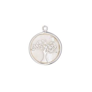 Drop, sterling silver and mother-of-pearl (bleached) 1pkg1, 16mm round single-sided round with tree of life.