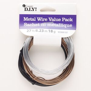Wire assortment, aluminum, 1pkg3, round, silver- / antique copper- / black-finished, 18 gauge, 3-foot sections.
