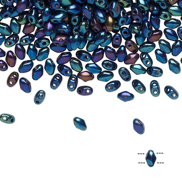 Bead, Preciosa Mini Twin&trade;, Mini Pressed Twin, Czech pressed glass, opaque black iris blue, 4x2.5mm oval with (2) 0.7mm holes. Sold per 250-gram pkg. image number 0