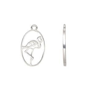 Charm Amoracast&reg; 1pkg1 sterling silver, 15x10mm 2-sided open flamingo oval