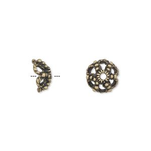 Bead cap, antique brass-finished "pewter" (zinc-based alloy), 10x4mm filigree saucer, fits 8-10mm bead. Sold per pkg of 24.