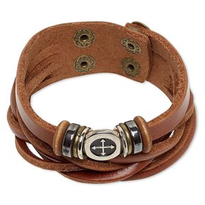 Bracelet, multi-strand, Hemalyke&trade; (man-made) / wood / leather (dyed) / silver-coated plastic / imitation rhodium- / antique brass-plated steel, brown, 27mm wide, adjustable at 5-1/2 and 6 inches with double snap closure. Sold individually.
