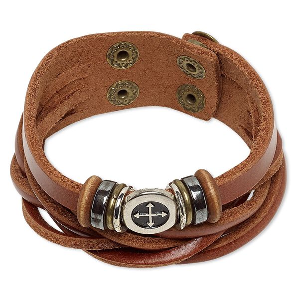 Bracelet, multi-strand, Hemalyke&trade; (man-made) / wood / leather (dyed) / silver-coated plastic / imitation rhodium- / antique brass-plated steel, brown, 27mm wide, adjustable at 5-1/2 and 6 inches with double snap closure. Sold individually. image number 0