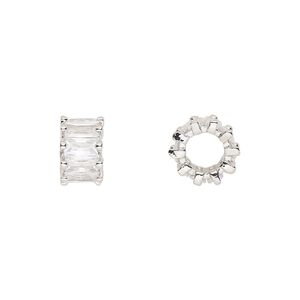 Bead 1pkg2 silver-plated, 10.5x6mm rondelle, brass / clear cubic zirconia